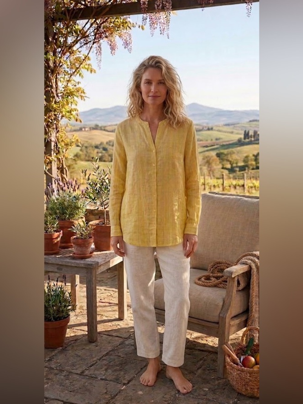 Women’s 100% Linen Sundance Lightweight Yellow Pintuck Button-Front Women’s Top